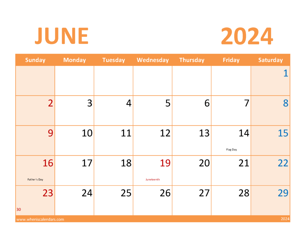 Download June 2024 Blank Printable Calendar Letter Horizontal 64089