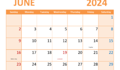 2024 Blank June Calendar to Print J6369