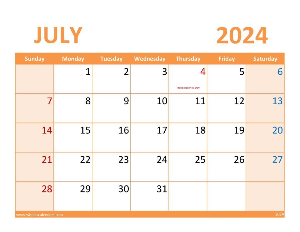 Download July 2024 Blank Printable Calendar Letter Horizontal 74089