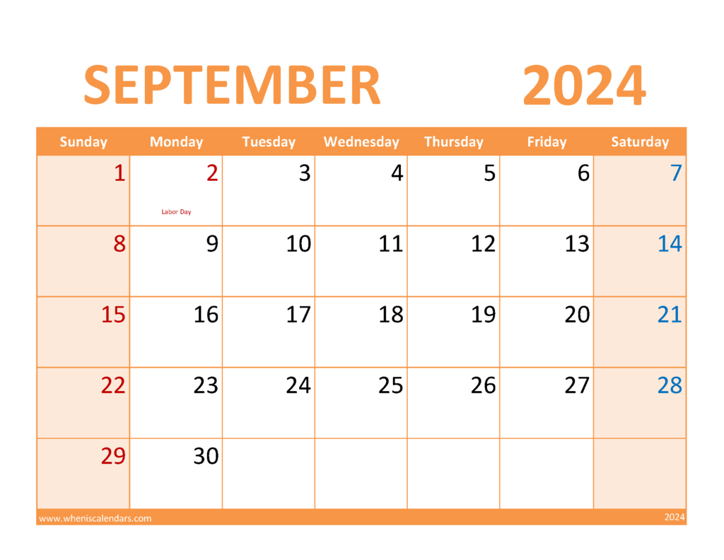 Download September 2024 Blank Printable Calendar Letter Horizontal 94089