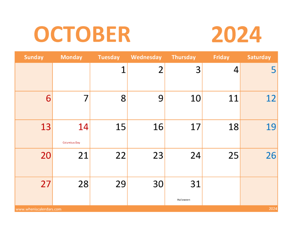 Download October 2024 Blank Printable Calendar Letter Horizontal 104089