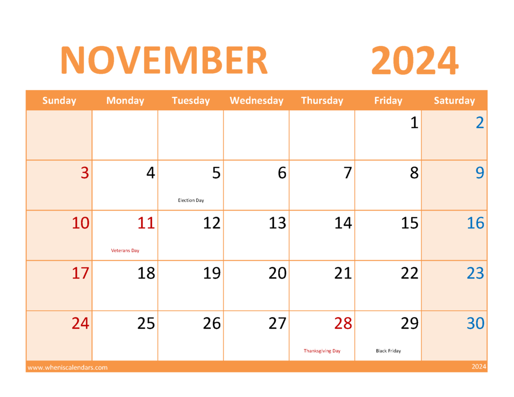 Download November 2024 Blank Printable Calendar Letter Horizontal 114089