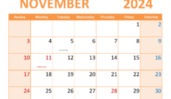 2024 Blank November Calendar to Print N1369