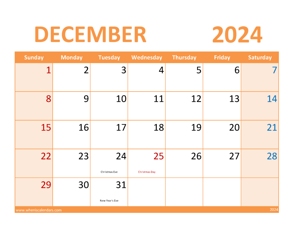 Download December 2024 Blank Printable Calendar Letter Horizontal 124089
