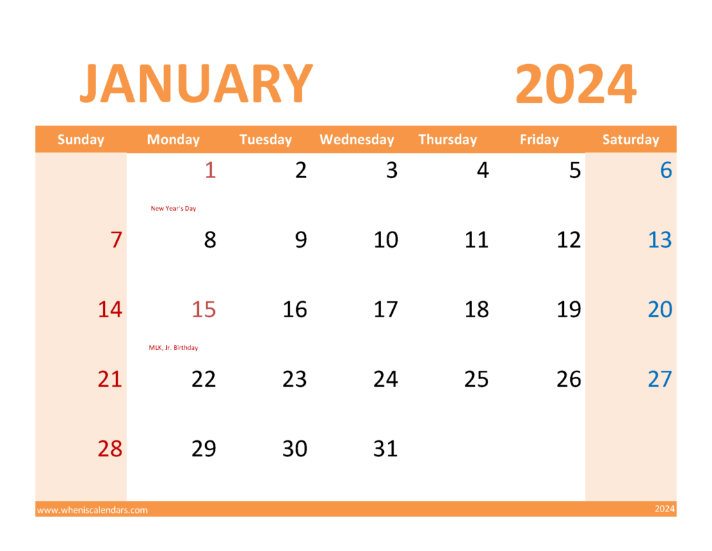 Download January 2024 Calendar Printable Free pdf Letter Horizontal J4090