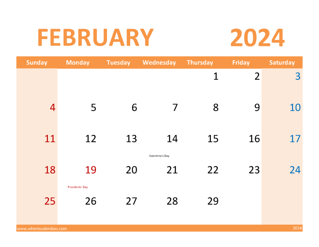 Download February 2024 Calendar Printable Free pdf Letter Horizontal 24090