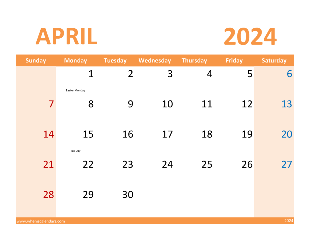 Download April 2024 Calendar Printable Free pdf Letter Horizontal 44090