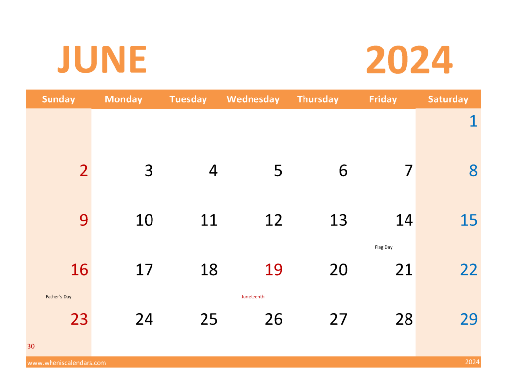 Download June 2024 Calendar Printable Free pdf Letter Horizontal 64090