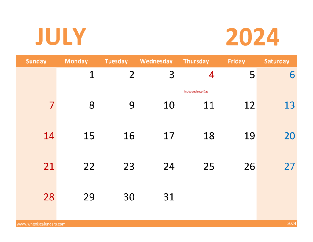 Download July 2024 Calendar Printable Free pdf Letter Horizontal 74090