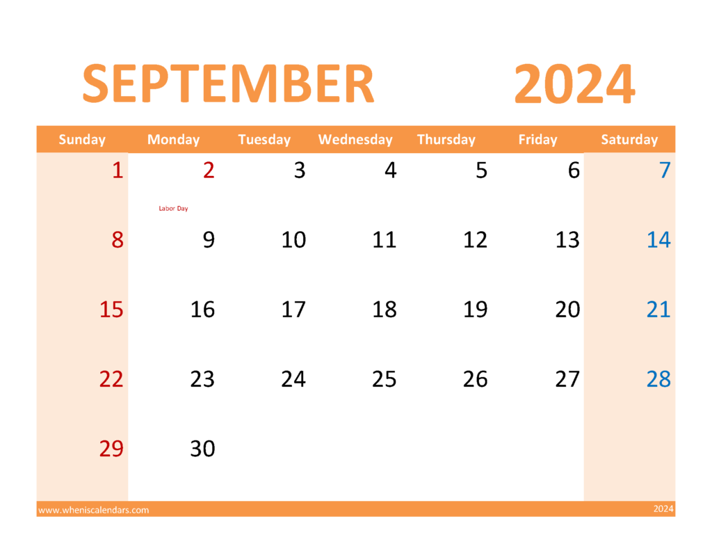 Download September 2024 Calendar Printable Free pdf Letter Horizontal 94090