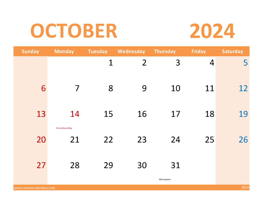 Download October 2024 Calendar Printable Free pdf Letter Horizontal 104090