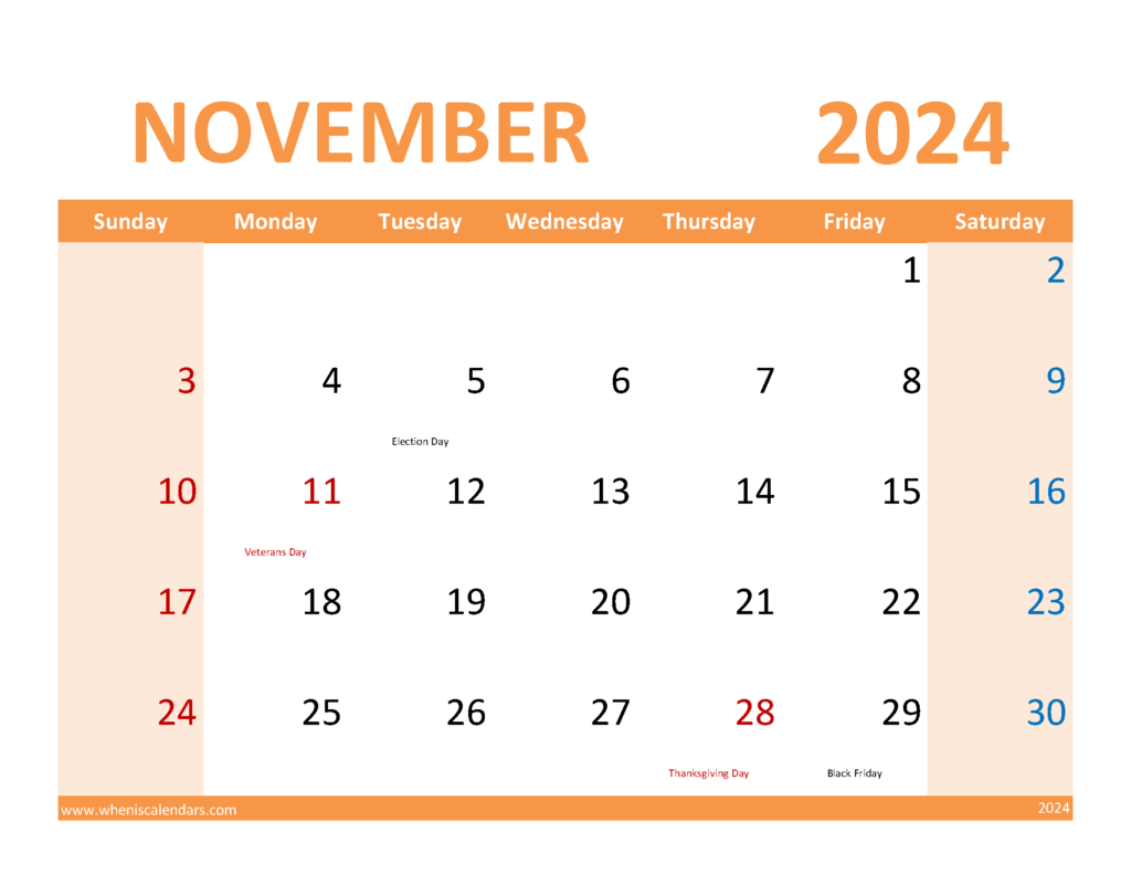 Download November 2024 Calendar Printable Free pdf Letter Horizontal 114090