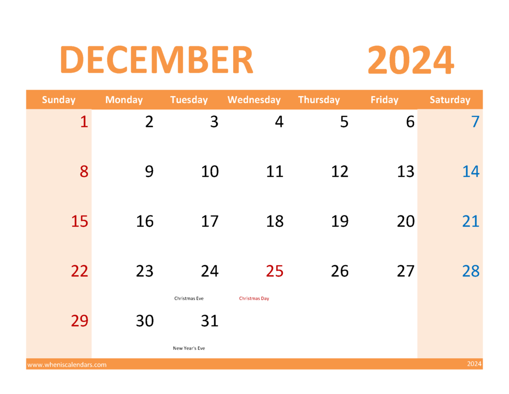 Download December 2024 Calendar Printable Free pdf Letter Horizontal 124090