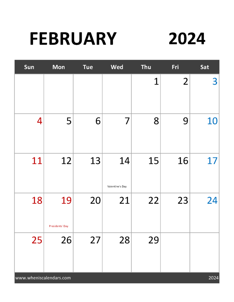 Download February 2024 Holidays Calendar Letter Vertical 24091