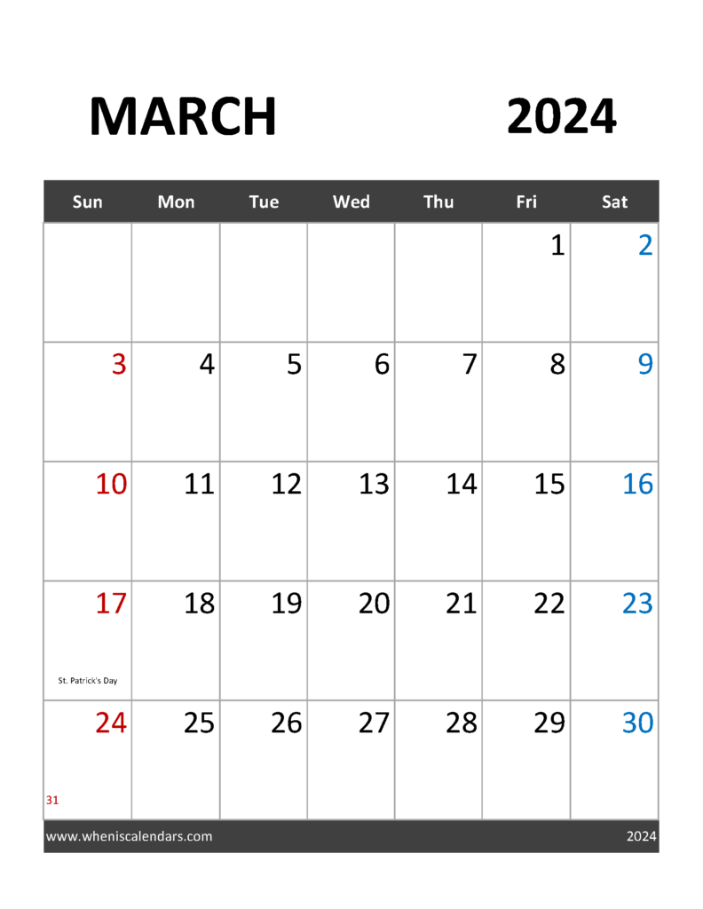 Download March 2024 Holidays Calendar Letter Vertical 34091