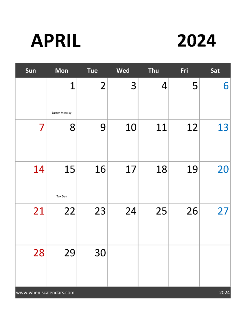 Download April 2024 Holidays Calendar Letter Vertical 44091