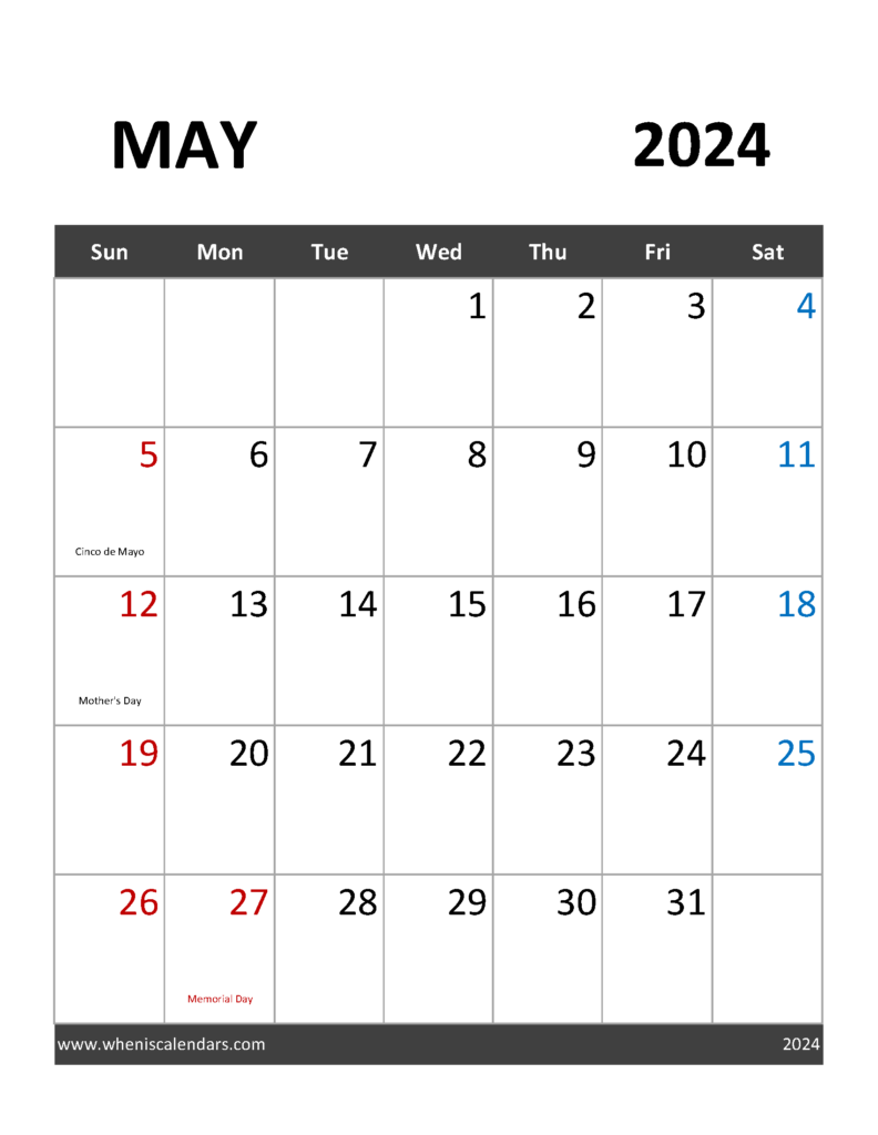 Download May 2024 Holidays Calendar Letter Vertical 54091