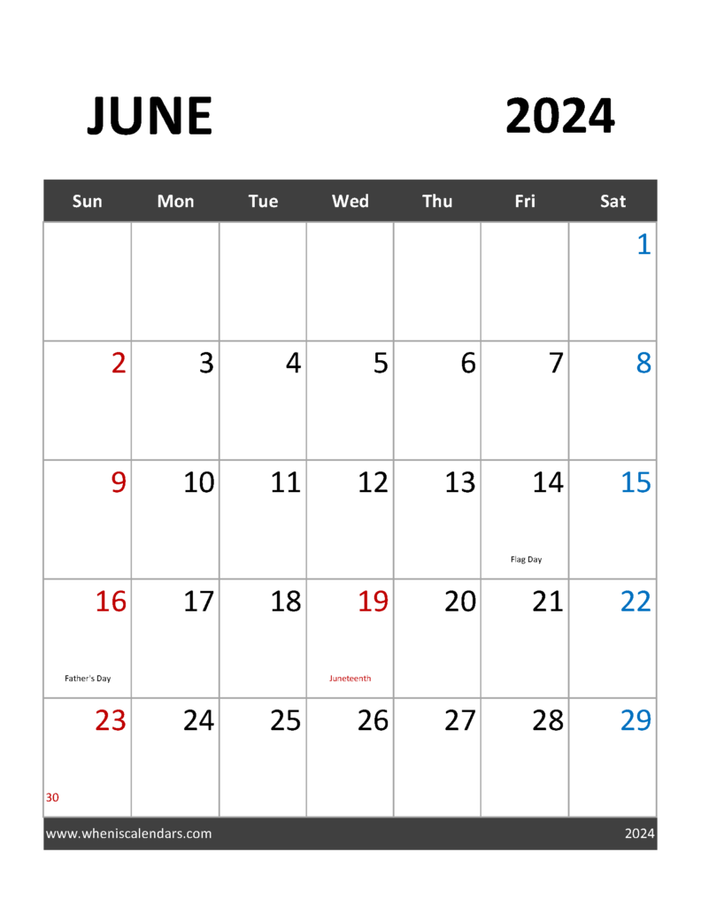 Download June 2024 Holidays Calendar Letter Vertical 64091
