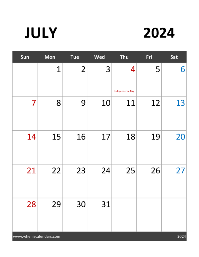 Download July 2024 Holidays Calendar Letter Vertical 74091
