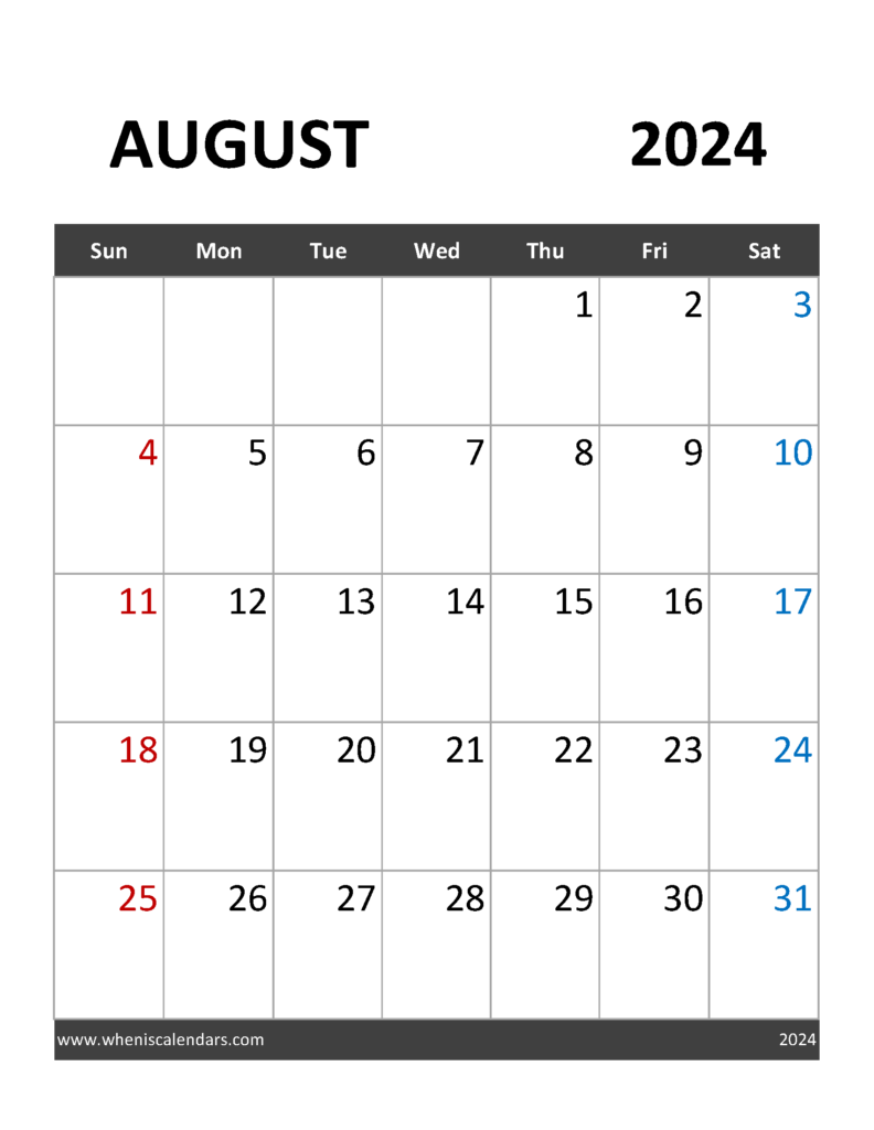 Download August 2024 Holidays Calendar Letter Vertical 84091