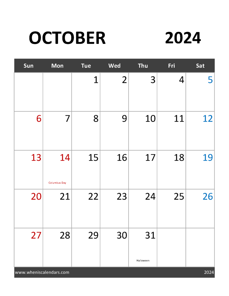 Download October 2024 Holidays Calendar Letter Vertical 104091
