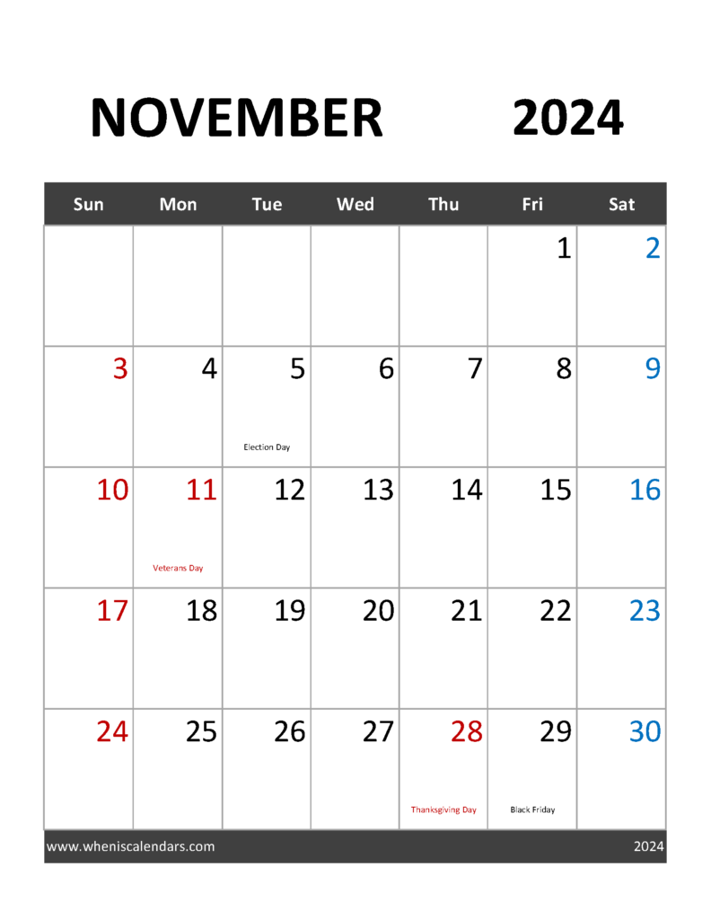 Download November 2024 Holidays Calendar Letter Vertical 114091