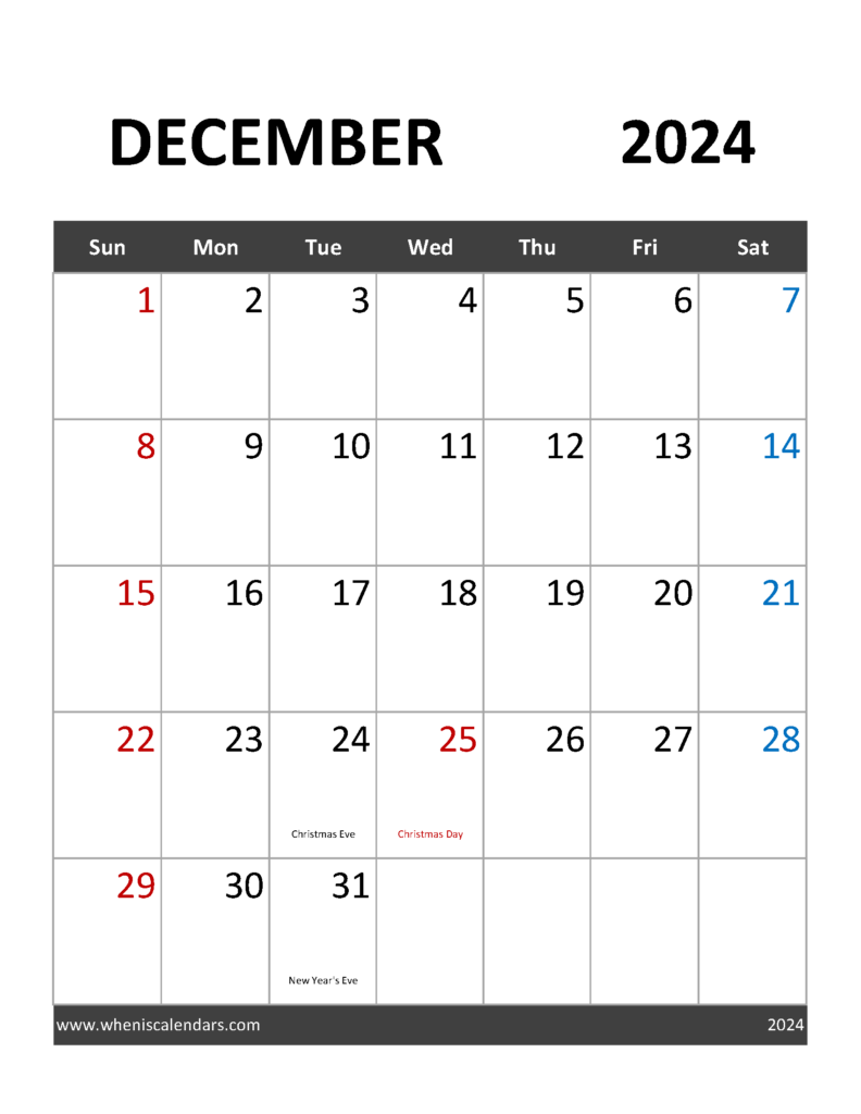 Download December 2024 Holidays Calendar Letter Vertical 124091