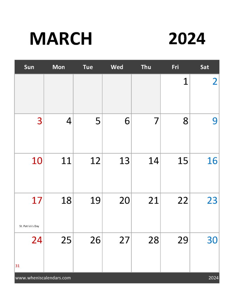 Download Blank Calendar March 2024 Free Printable Letter Vertical 34092