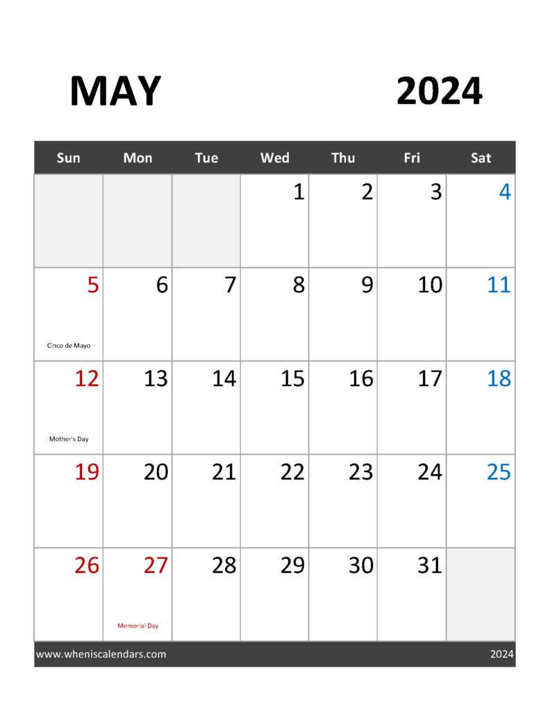 Download Blank Calendar May 2024 Free Printable Letter Vertical 54092