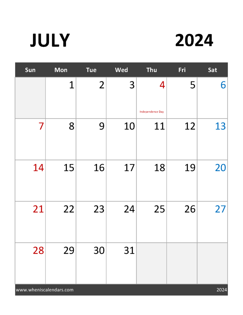 Download Blank Calendar July 2024 Free Printable Letter Vertical 74092