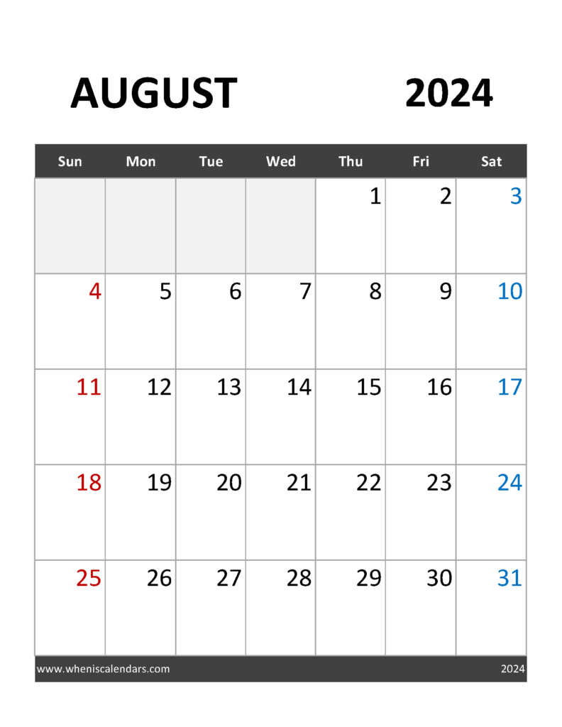 Download Blank Calendar August 2024 Free Printable Letter Vertical 84092