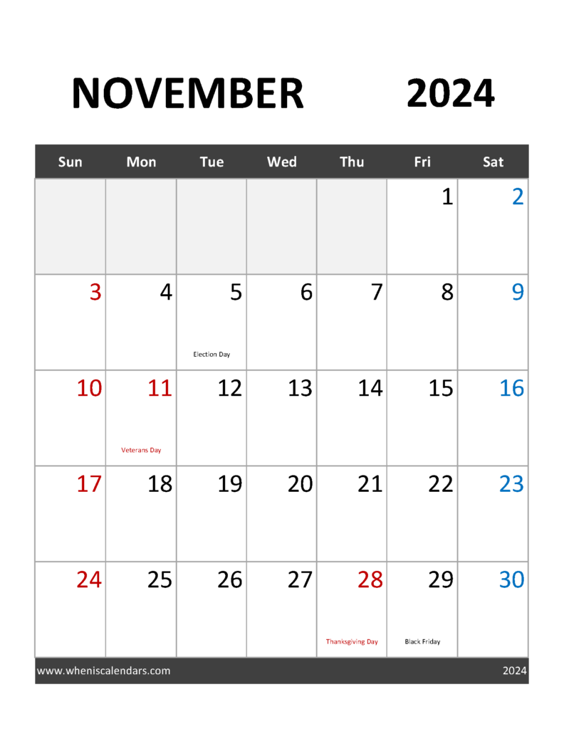 Download Blank Calendar November 2024 Free Printable Letter Vertical 114092
