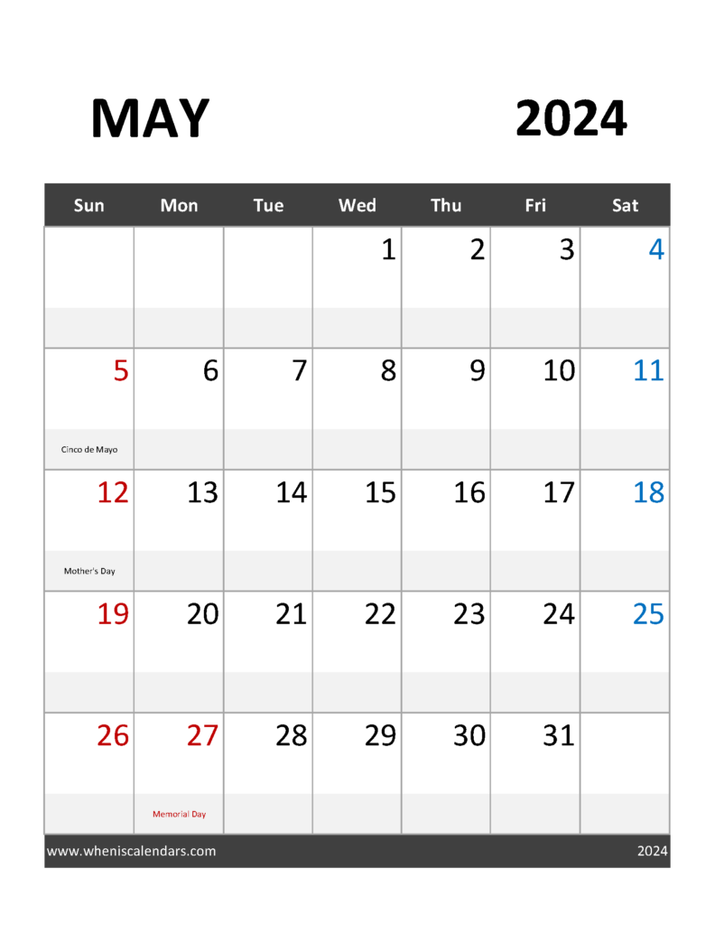 May 2024 Calendar Printable Free M5093