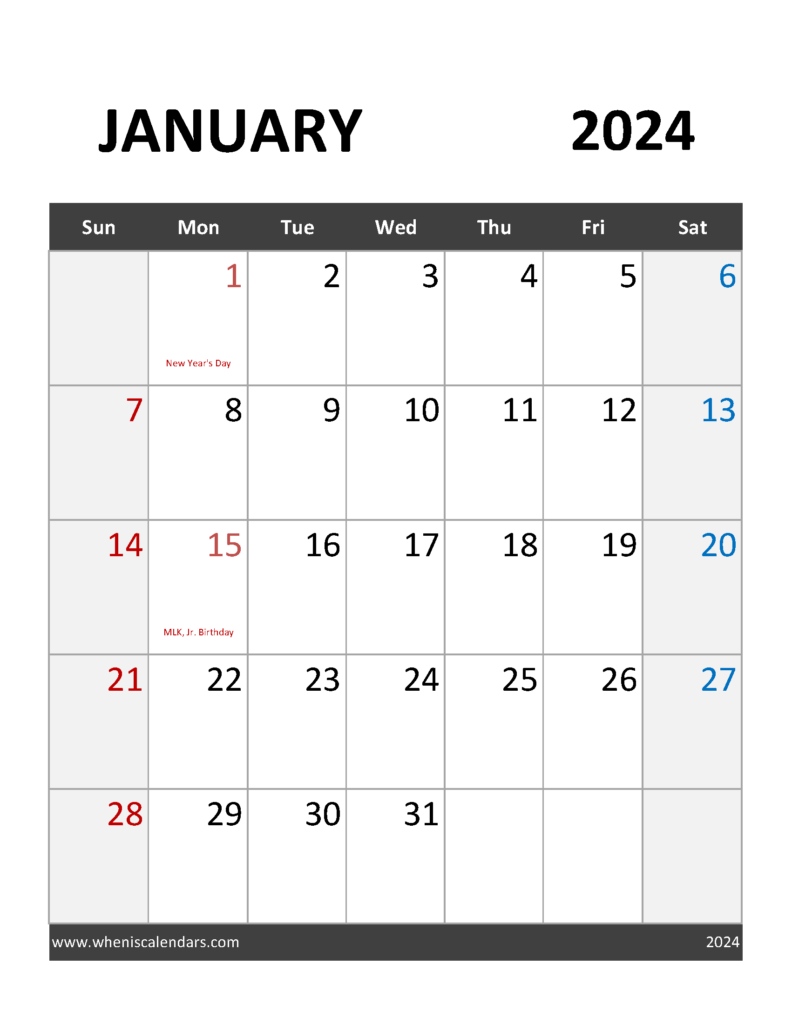 Download January Calendar 2024 Holidays Letter Vertical J4094