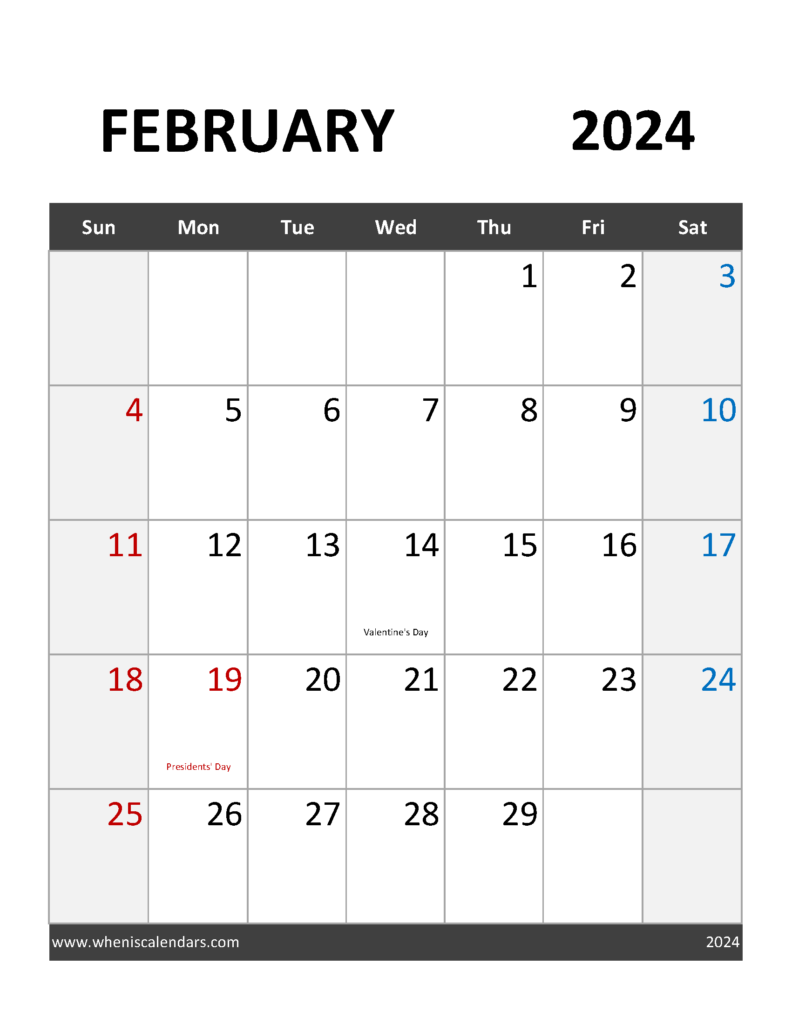 Download February Calendar 2024 Holidays Letter Vertical 24094
