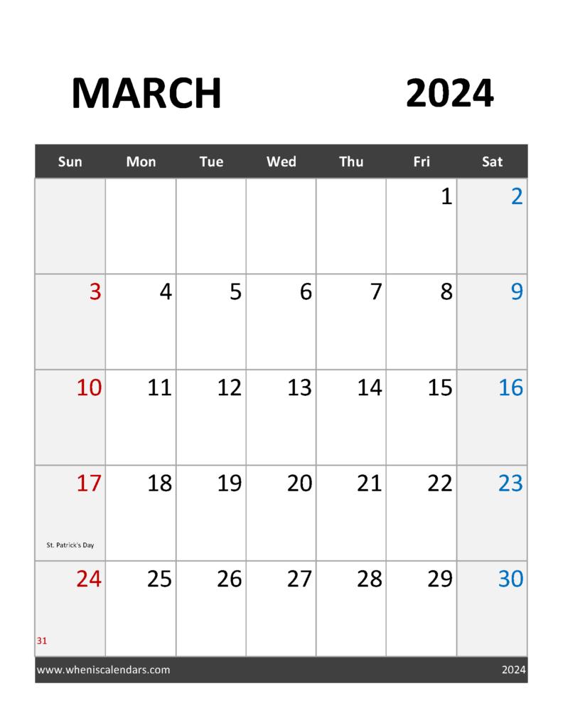 Download March Calendar 2024 Holidays Letter Vertical 34094