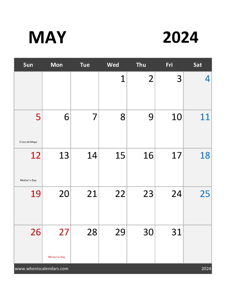Download May Calendar 2024 Holidays Letter Vertical 54094
