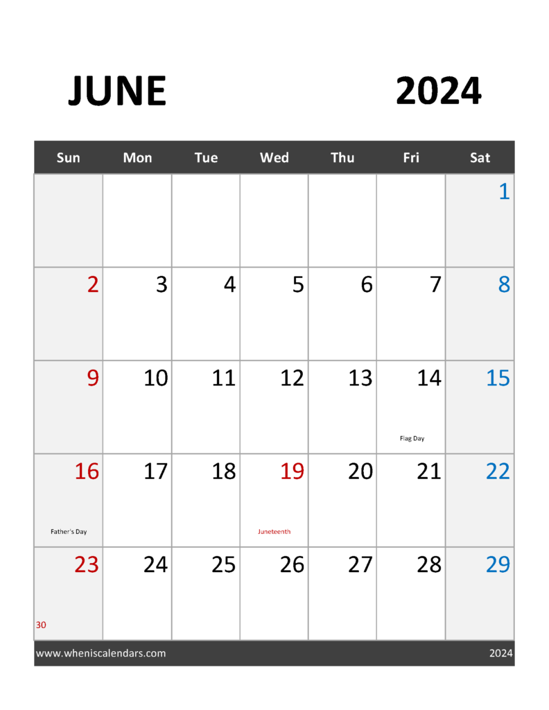 Download June Calendar 2024 Holidays Letter Vertical 64094