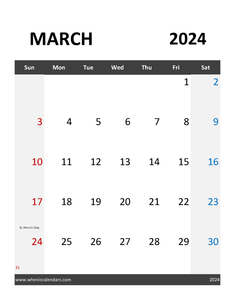 Download Blank 2024 March Calendar Letter Vertical 34095