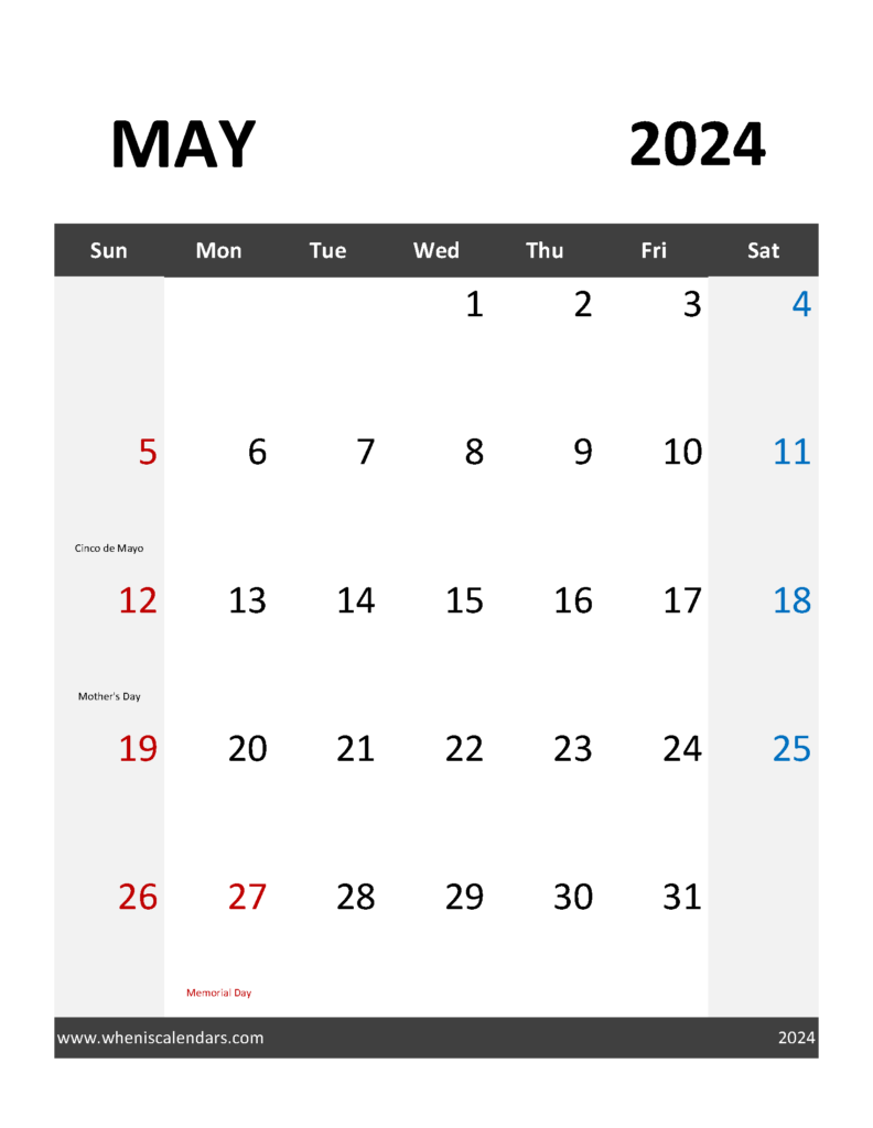 Download Blank 2024 May Calendar Letter Vertical 54095