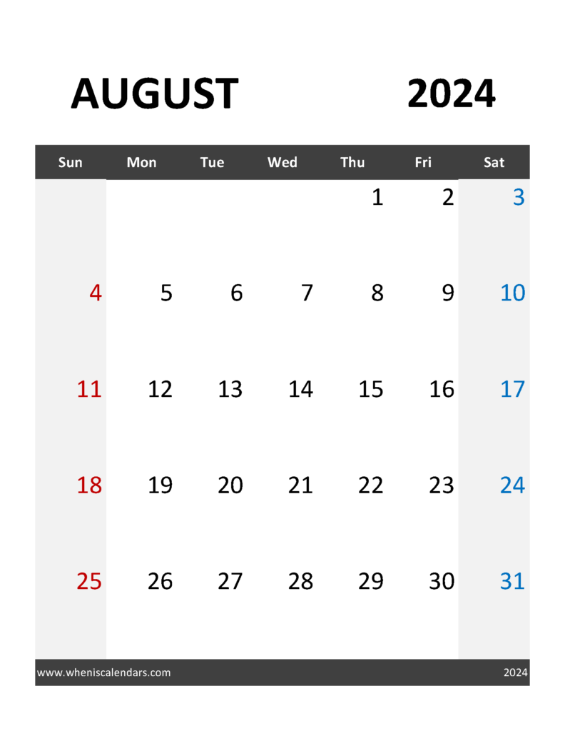 Download Blank 2024 August Calendar Letter Vertical 84095