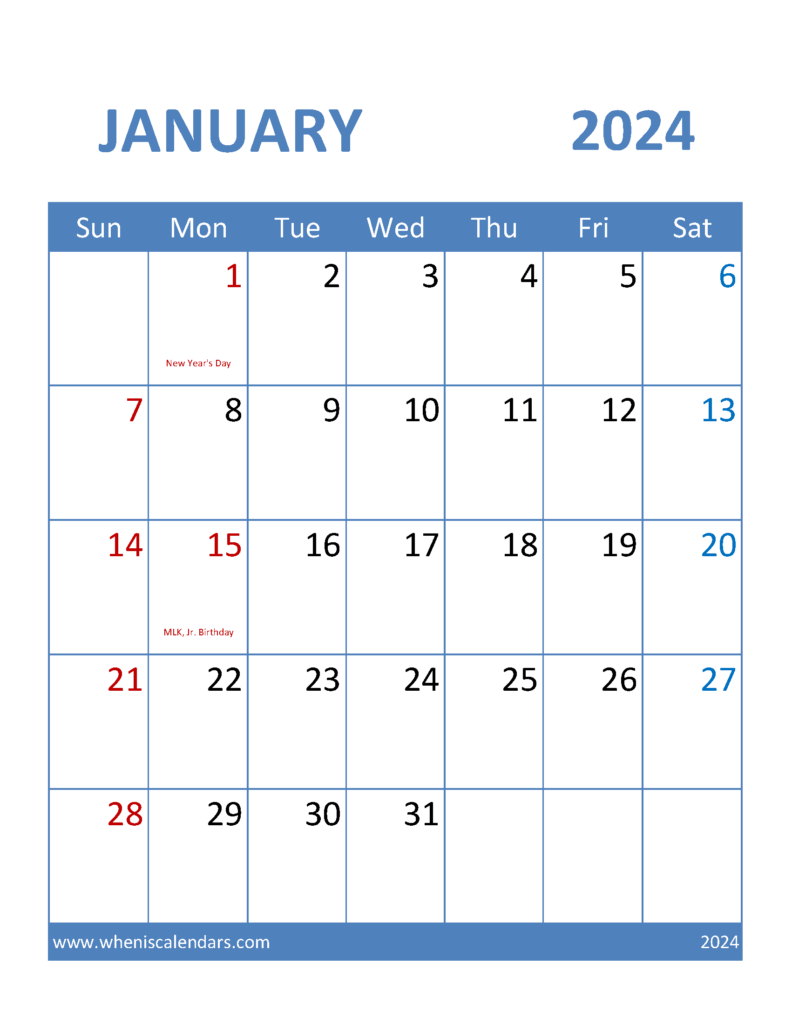 Download Free Printable 2024 January Calendar Letter Vertical J4096