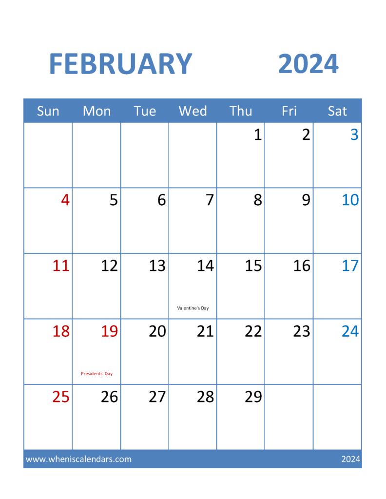 Download Free Printable 2024 February Calendar Letter Vertical 24096