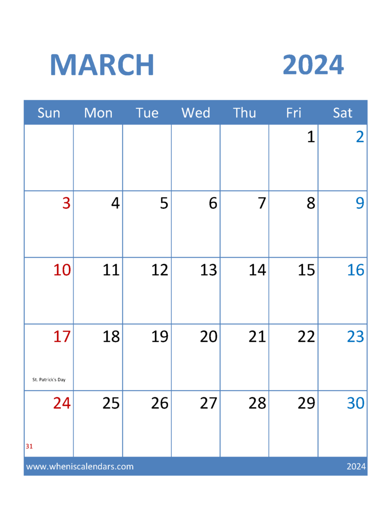 Download Free Printable 2024 March Calendar Letter Vertical 34096