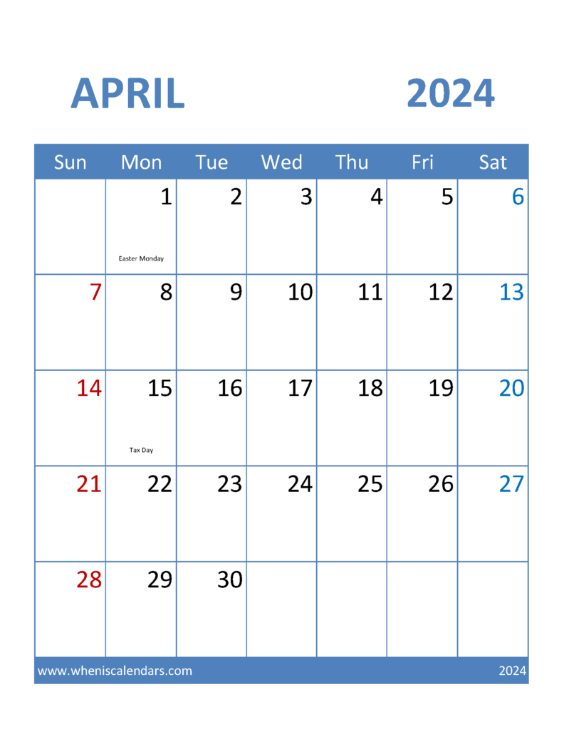 Download Free Printable 2024 April Calendar Letter Vertical 44096