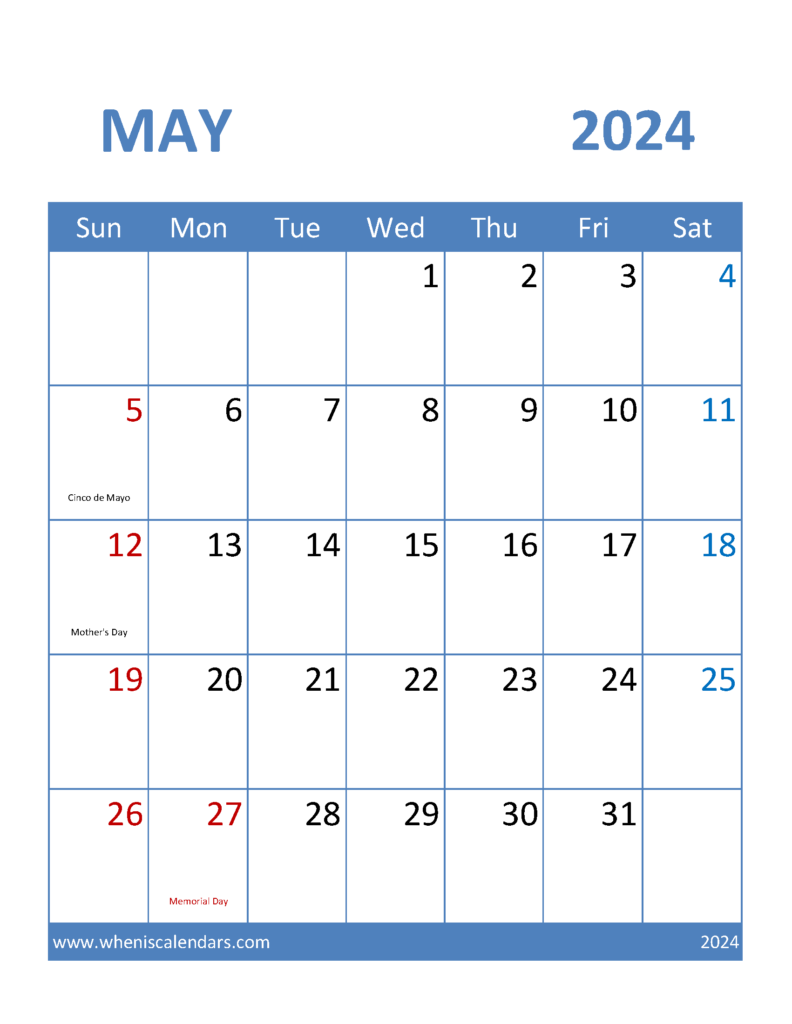 Download Free Printable 2024 May Calendar Letter Vertical 54096