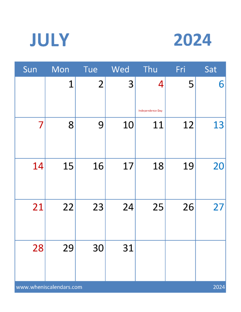 Download Free Printable 2024 July Calendar Letter Vertical 74096