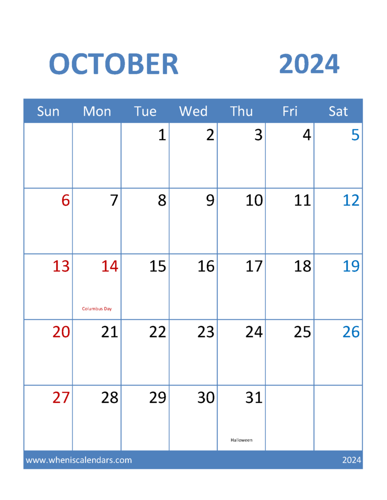 Download Free Printable 2024 October Calendar Letter Vertical 104096