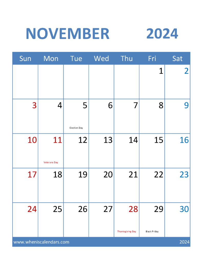 Download Free Printable 2024 November Calendar Letter Vertical 114096
