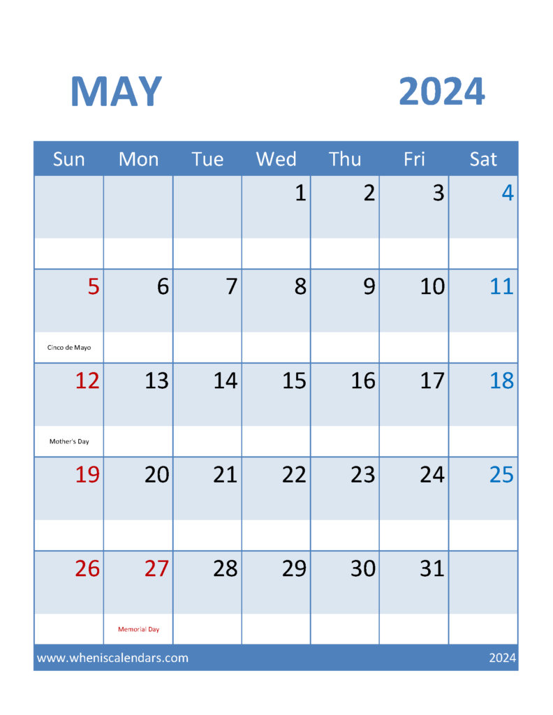 Download May 2024 Calendar excel Letter Vertical 54097